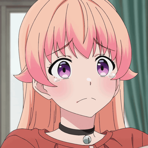 Girl With Pink Hair And Purple Eyes Looks Sad GIF