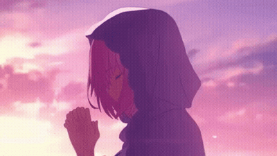 Girl With Pink Hair And Purple Hood Praying Under Pink Sky GIF