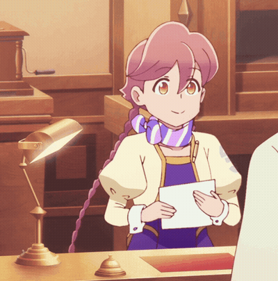 Girl With Pink Hair And Purple Scarf Holding Paper GIF
