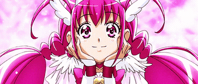 Girl With Pink Hair And White Wings Smiling Hand On Chin GIF