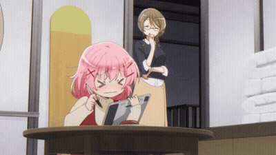 Girl With Pink Hair Eyes Closed At Table GIF