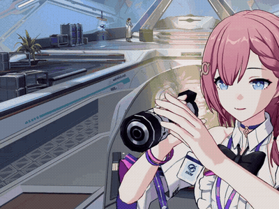 Girl With Pink Hair Holding Camera And Name Tag Saying A GIF