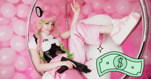 Girl With Pink Hair Holding Gun In Front Of Dollar Bill GIF