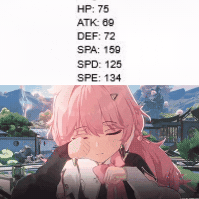 Girl With Pink Hair HP 75 ATK 69 DEF 72 SPA 159 SPD 125 SPE 134