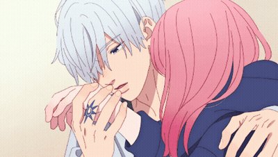 Girl With Pink Hair Hugging Boy With White Hair GIF