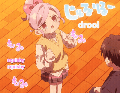 Girl With Pink Hair In Front Of Squishy Squishy And Drool Sign GIF