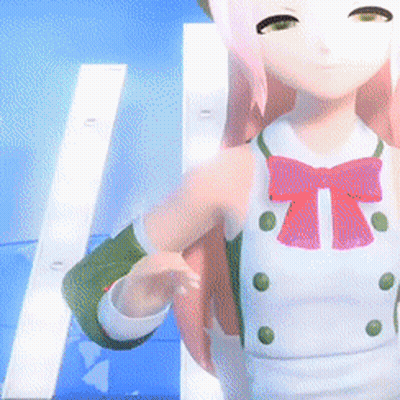 Girl With Pink Hair In White Dress And Green Buttons GIF