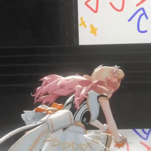 Girl With Pink Hair Kneeling In Front Of Sign GIF
