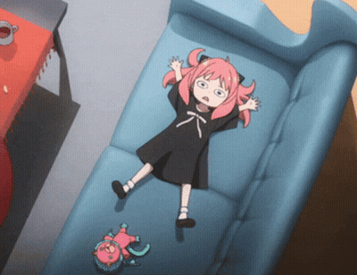 Girl With Pink Hair Laying On Blue Couch Next To Stuffed Animal GIF