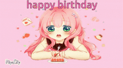 Girl With Pink Hair Sitting At Birthday Cake GIF