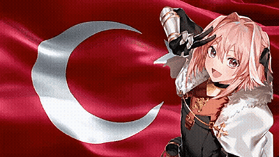 Girl With Pink Hair Standing In Front Of Crescent Moon Flag GIF