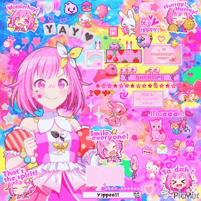 Girl With Pink Hair Surrounded By Stickers GIF