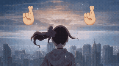 Girl With Ponytail Crosses Fingers Over City GIF