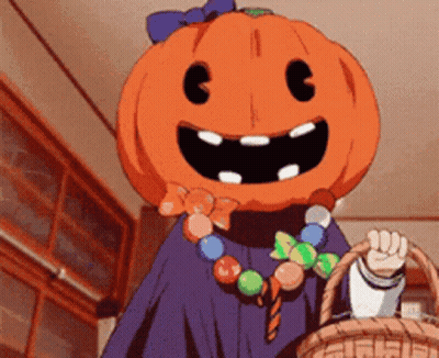 Girl With Pumpkin Head Holding Basket Of Candies GIF