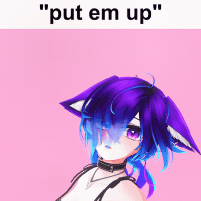 Girl With Purple And Blue Hair Saying Put Em Up GIF