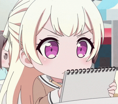 Girl With Purple Eyes Holding Spiral Notebook GIF