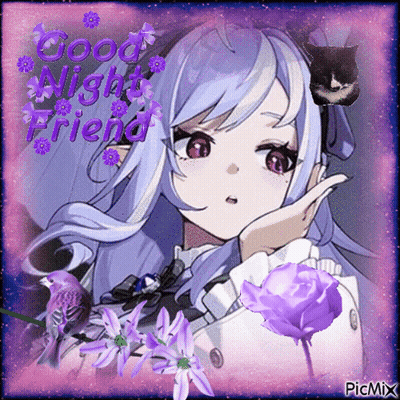Girl With Purple Flowers Good Night Friend GIF