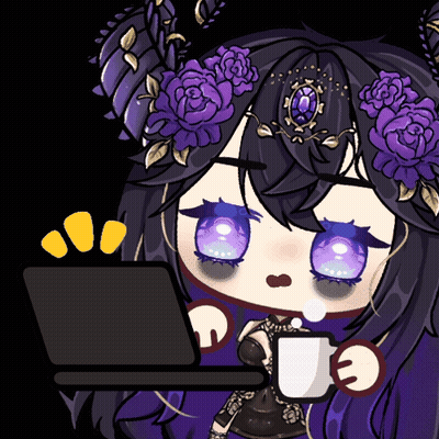 Girl With Purple Flowers Holding Cup And Laptop GIF
