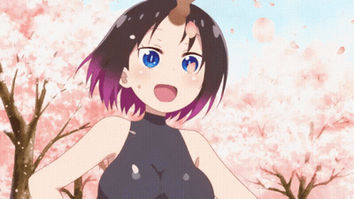 Girl With Purple Hair And Blue Eyes In Front Of Cherry Blossoms GIF