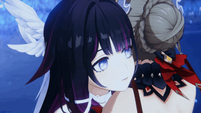 Girl With Purple Hair And Blue Eyes Next To Girl With White Wings GIF
