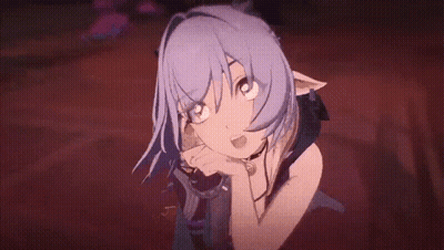 Girl With Purple Hair And Blue Eyes Sitting Head On Hand GIF