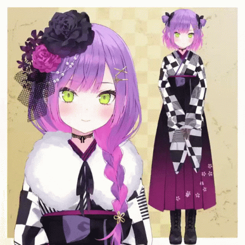 Girl With Purple Hair And Green Eyes In Checkered Outfit GIF