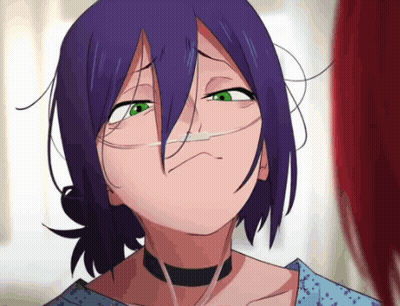 Girl With Purple Hair And Green Eyes Wearing Oxygen Mask GIF
