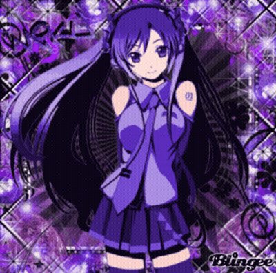 Girl With Purple Hair And Headphones On Purple Black Background GIF