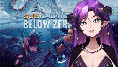 Girl With Purple Hair And Horns In Front Of Subnautica Poster GIF