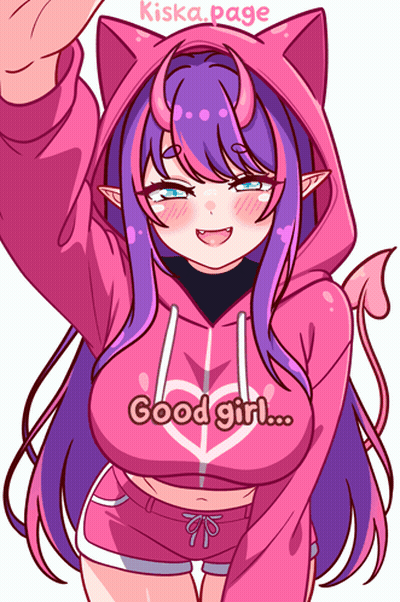 Girl With Purple Hair And Horns In Pink Hoodie GIF