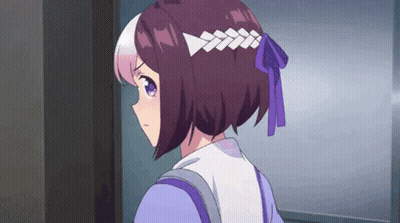 Girl With Purple Hair And Purple Bow In Doorway GIF