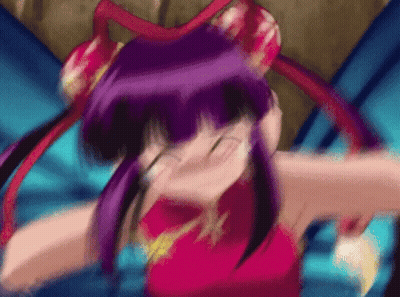 Girl With Purple Hair And Red Dress Covering Face GIF