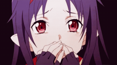 Girl With Purple Hair And Red Eyes Covering Face GIF
