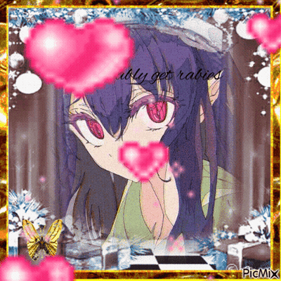 Girl With Purple Hair And Red Eyes Surrounded By Pink Hearts Saying Ably Get Rabies GIF