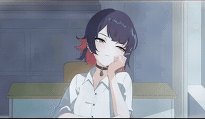 Girl With Purple Hair And Red Highlights Chin In Hand GIF