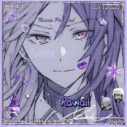 Girl With Purple Hair And Words Love And Kawaii GIF