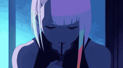 Girl With Purple Hair Eating Candy Bar GIF