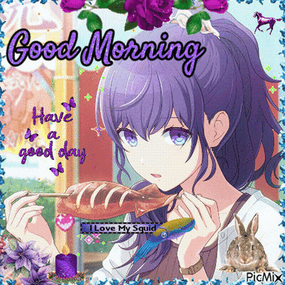 Girl With Purple Hair Eating Squid On A Stick GIF