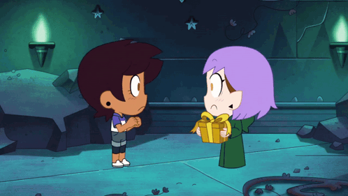 Girl With Purple Hair Giving Gift To Brown Hair Girl GIF