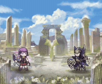 Girl With Purple Hair Holding Book And Sword Next To Man With Shield GIF