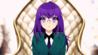 Girl With Purple Hair In Glasses And Green Suit GIF