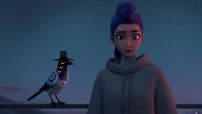 Girl With Purple Hair Next To Bird With Hat GIF