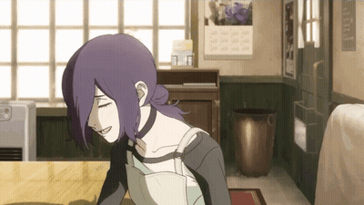 Girl With Purple Hair Sitting At Table GIF