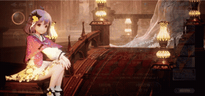 Girl With Purple Hair Sitting In Room With Lamps GIF