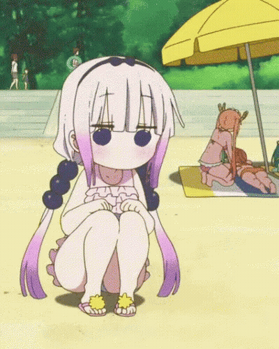 Girl With Purple Hair Sitting On Beach With Yellow Umbrella GIF