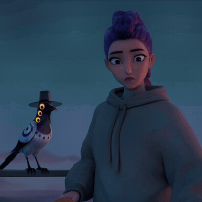 Girl With Purple Hair Standing Next To Bird With Hat GIF