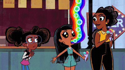 Girl With Rainbow Mouth Standing Next To Two Girls GIF