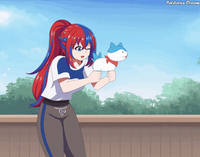 Girl With Red And Blue Hair Holding Patdarnx Dream Stuffed Animal GIF