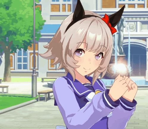 Girl With Red Bow Standing In Front Of Fountain GIF