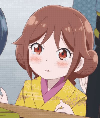 Girl With Red Eyes And Brown Hair In Yellow And Pink Kimono GIF